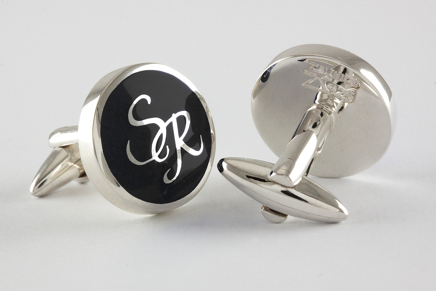 Round Monogram Cufflinks in Sterling Silver and black enamel
